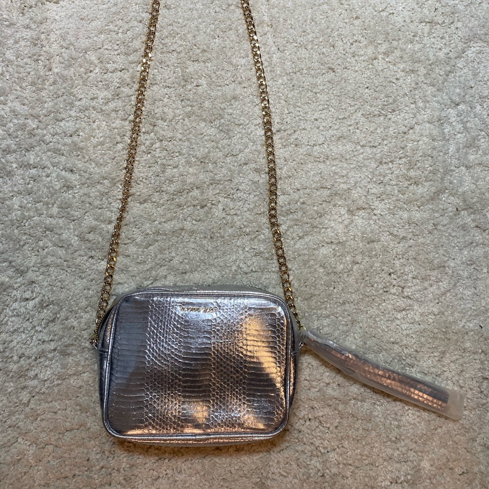 Silver Victoria’s Secret snake skin purse.
